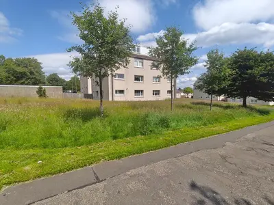 a building on the side of a road with trees at Modern Ground Level Flat in Clydebank