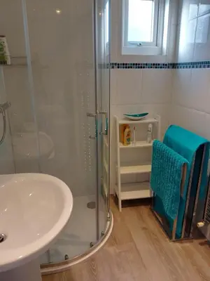 a bathroom with a shower and a sink at Comfortable room with en suite in Edinburgh