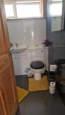 a bathroom with a black toilet and a sink at Vibrant Room in Centeral Ayr in Ayr