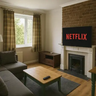 a living room with a couch and a fireplace at Cozy 2BR Flat Near City Centre Free Parking Fast Wifi in Edinburgh