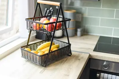 a basket of fruit on a counter in a kitchen at The Loft - 3 bedroom in Crieff in Crieff