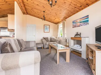 a living room with a couch and a tv at Chalet Loch Side Lodge 5 by Interhome in Kinross