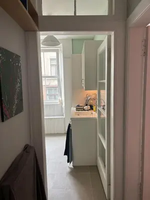 a small kitchen with a sink and a window at Modern One Bed Flat, Historic Old Town Edinburgh in Edinburgh