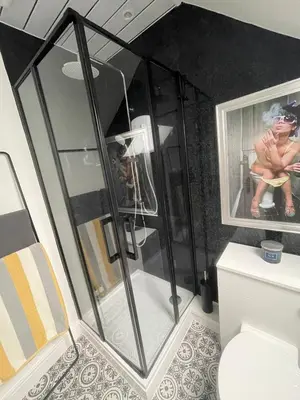 a bathroom with a shower and a toilet at Foundry Street Apartment 3 - Dunfermline City Centre in Dunfermline