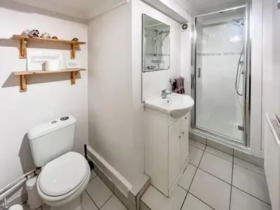 a bathroom with a toilet and a sink and a shower at Riverview Cottage in Kenmore