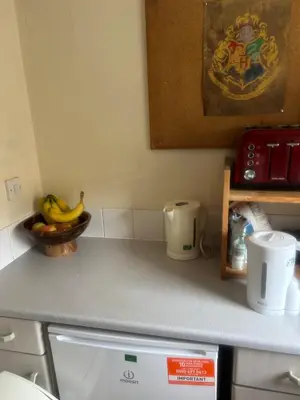 a kitchen counter with a bowl of fruit and a bowl of bananas at Serenity Space in Glasgow