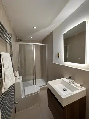 a bathroom with a toilet and a sink and a shower at Walker Apartment in Edinburgh