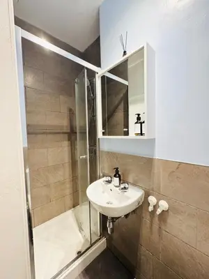 a bathroom with a sink and a shower at Stylish Flat in Historic Edinburgh city centre home in Edinburgh