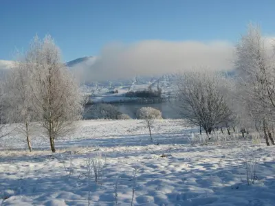 a snow covered field with trees and a river at Ben Lawers Rest Cabin - Hot Tub and Loch Tay Vistas in Lawers