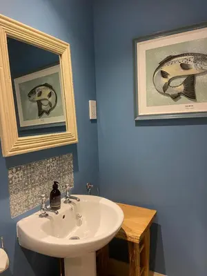 a bathroom with a sink and two pictures on the wall at Fordie South Cottage in Comrie