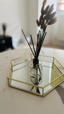 a glass tray with a vase with a plant in it at City Central Stay in Glasgow