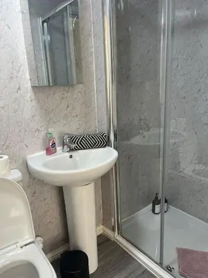 a bathroom with a shower and a sink and a toilet at 3BR Apt Near Ibrox Subway Sleeps 7 and Parking in Glasgow