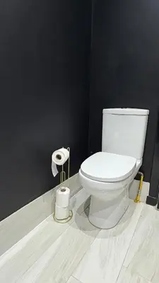 a white toilet in a bathroom with black walls at Seaview apartment in Rothesay in Rothesay