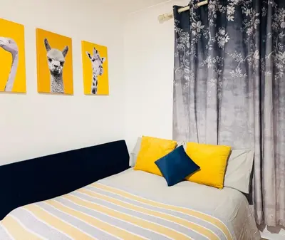 a bedroom with a bed with yellow and blue pillows at Murrayfield Maindoor flat with Free parking and Great Public transports Link in Edinburgh