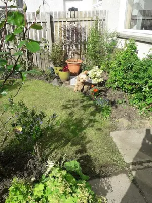 a garden with a teddy bear sitting in the yard at 3 bed self contained part house in Queensferry, Edinburgh in Queensferry