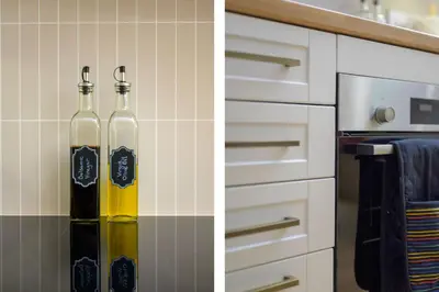a kitchen with two bottles of wine next to a microwave at Escape to Serene Georgian Estate, near Edinburgh in Ratho