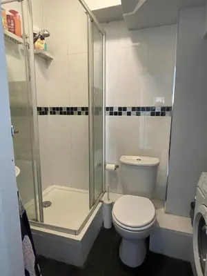 a small bathroom with a toilet and a shower at Bright peaceful room 4th floor in front Battersea park in Moffat