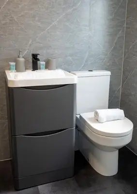 a bathroom with a white toilet and a sink at 2 BDR House At Caledonia Luxe Stays Short Lets & Serviced Accommodation Hamilton in Hamilton