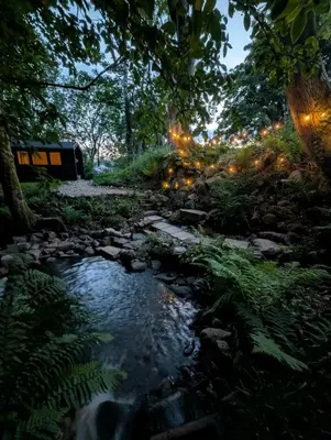 a stream in a forest at night with lights at Ashdale Cottage with Sauna, Plunge Pool, Games Room, Kit Drying Room in Isle of Arran