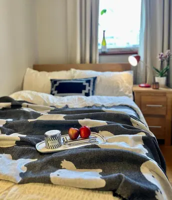 a bed with two plates of food on it with apples on it at Central London Designer Room with Balcony Elevator in Moffat