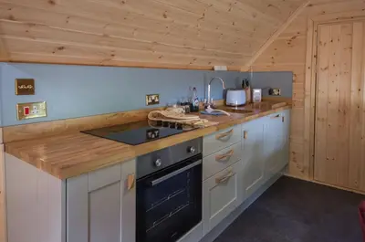 a kitchen with a stove and a counter top at Wildcat Lodge in Kilmichael Glassary