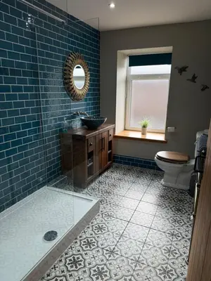 a bathroom with a shower and a sink and a toilet at Distillers Cottage, Peaceful rural retreat in Lanarkshire, onsite craft distillery, hot tub, bbq hut, central for exploring Scotland in Forth
