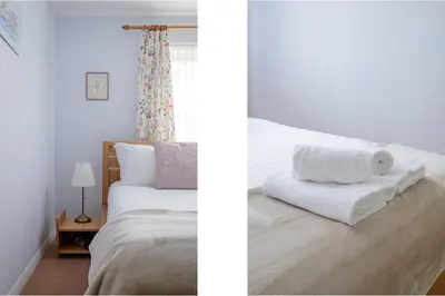 two pictures of a bedroom with a bed and a window at Lovely Edinburgh Home - Craighouse Gardens in Edinburgh