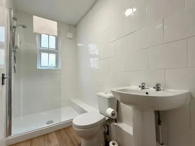 a bathroom with a toilet and a sink and a shower at Clapham Road Apartment in Moffat