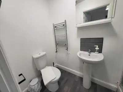 a white bathroom with a toilet and a sink at Fishpond Family Suite in Moffat