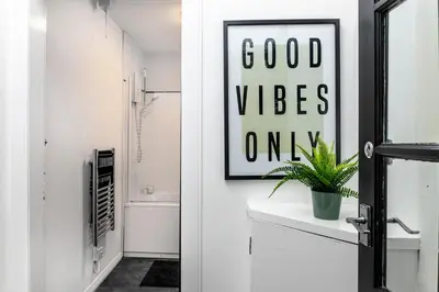 a bathroom with a white door and a plant on a counter at Cosy 3 bed flat in Kings Park in Glasgow