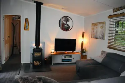 a living room with a couch and a flat screen tv at Ty Cwtch Cabin - secluded woodland cabin & covered hot tub in Moffat