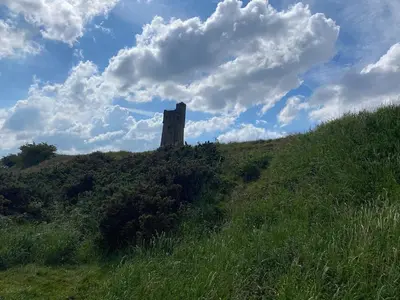 a tower on the top of a grassy hill at Woodlea Cottage in Moffat