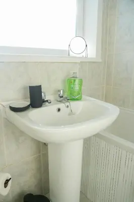 a white bathroom sink with a green container on it at Train House in Dunfermline