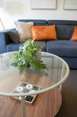 a glass coffee table with a plant on top of it at Train House in Dunfermline