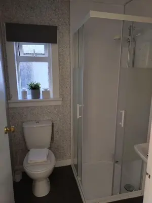 a bathroom with a toilet and a shower and a window at Anchorage Accommodation in Balloch