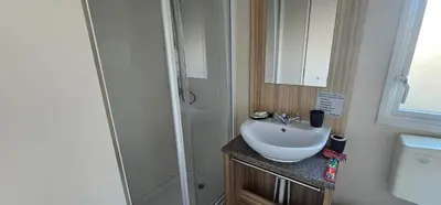 a bathroom with a white sink and a shower at Terri Towers in Stevenston