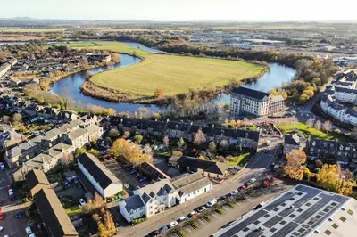 an aerial view of a city with a river at The Riverside Rest 2 in Stirling