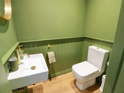 a bathroom with a white toilet and a sink at Cramar Cottage in Glasgow