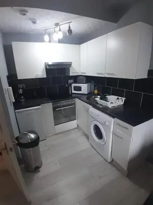 a kitchen with a sink and a washing machine at Cosy Apartment by the Meadows 2 in Edinburgh