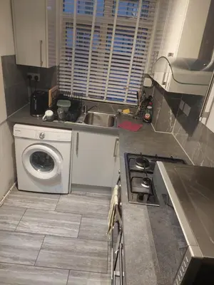 a kitchen with a sink and a washing machine at London Cozy Single Room in Moffat