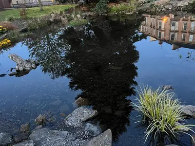 a reflection of a building in a pool of water at Heart of West End apartment, Glasgow in Glasgow