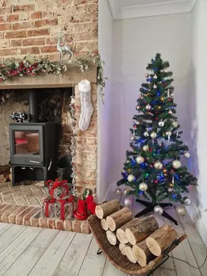a christmas tree in a living room with a fireplace at The Old school House in Moffat
