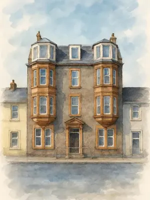 a watercolor painting of a large house at The Skipper's Rest in Millport