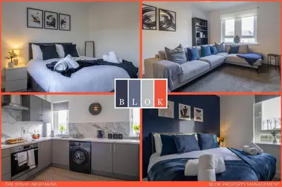 a collage of pictures of a bedroom with two beds at The Wishy - 2 Bedroom Flat in Newmains in Newmains