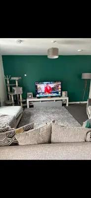 a bedroom with a green wall with a flat screen tv at Room in shared flat in Edinburgh