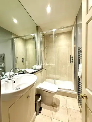 a bathroom with a sink and a toilet and a shower at Cozy 1 bed Garden flat in the New Town City Centre in Edinburgh