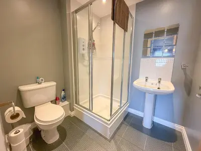 a bathroom with a shower and a toilet and a sink at Marina View Apartment with Balcony & Sea Views in Horse Isle