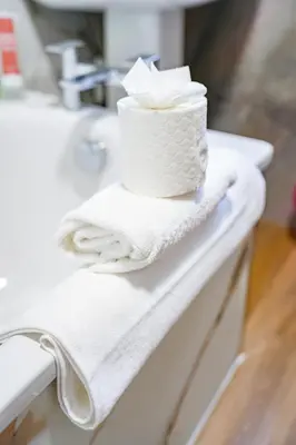 a bathroom counter with towels and a basket of tissues at Elm House in Bathgate