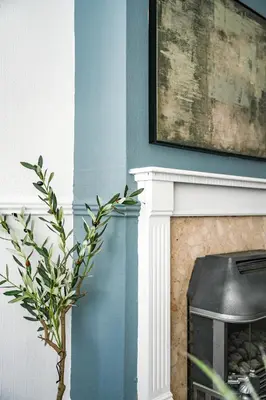 a plant in a vase next to a fireplace at Elm House in Bathgate