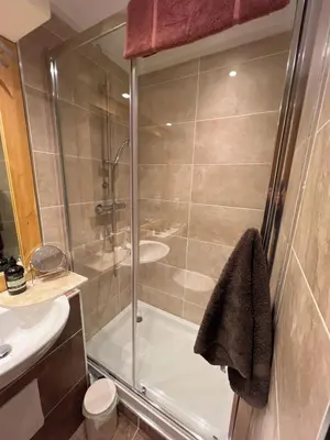 a bathroom with a shower and a sink at Luxury New York Style Loft Apartment Homestay in Edinburgh